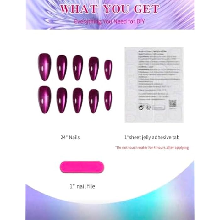 24Pcs/Set Y2K Aesthetic Purple Crystal Cat Eye Press On Nails Long Almond - Image 5